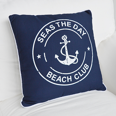 Navy and White Beach Club cushion with inner for coastal New England homes and interiors by the sea