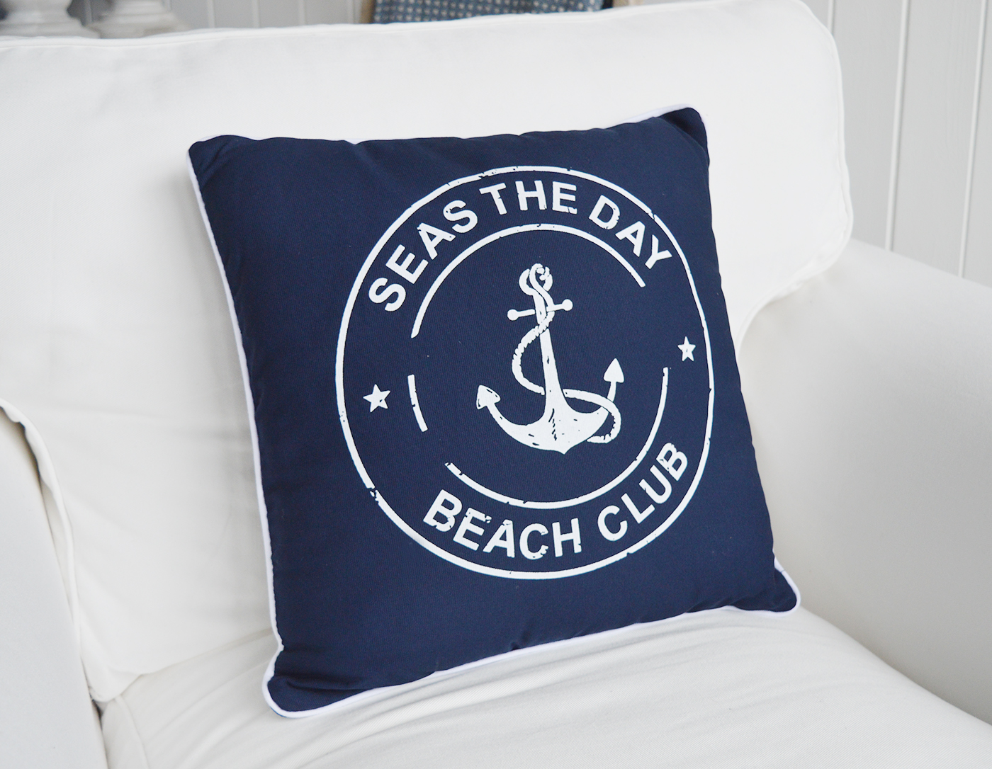 Navy and White Beach Club cushion with inner for coastal New England homes and interiors by the sea