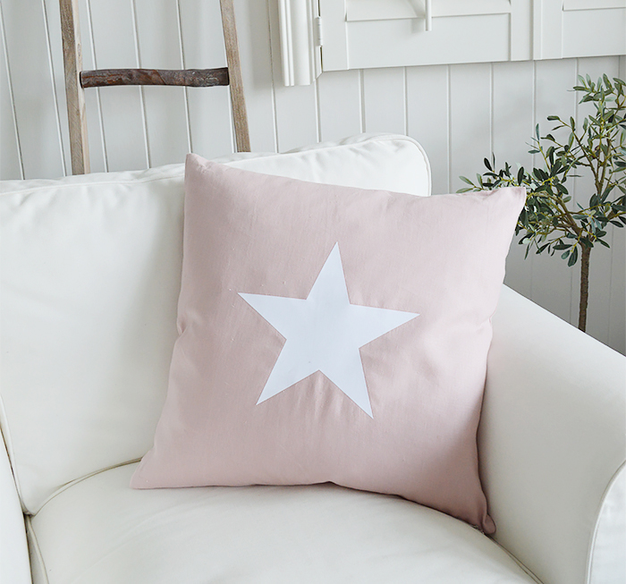 The New Hamptons pink and white cushions. Available with a larger single white star or three smaller stars from The White Lighthouse New England, country, coastal and white furniture for the hall, living room, bedroom and bathroom