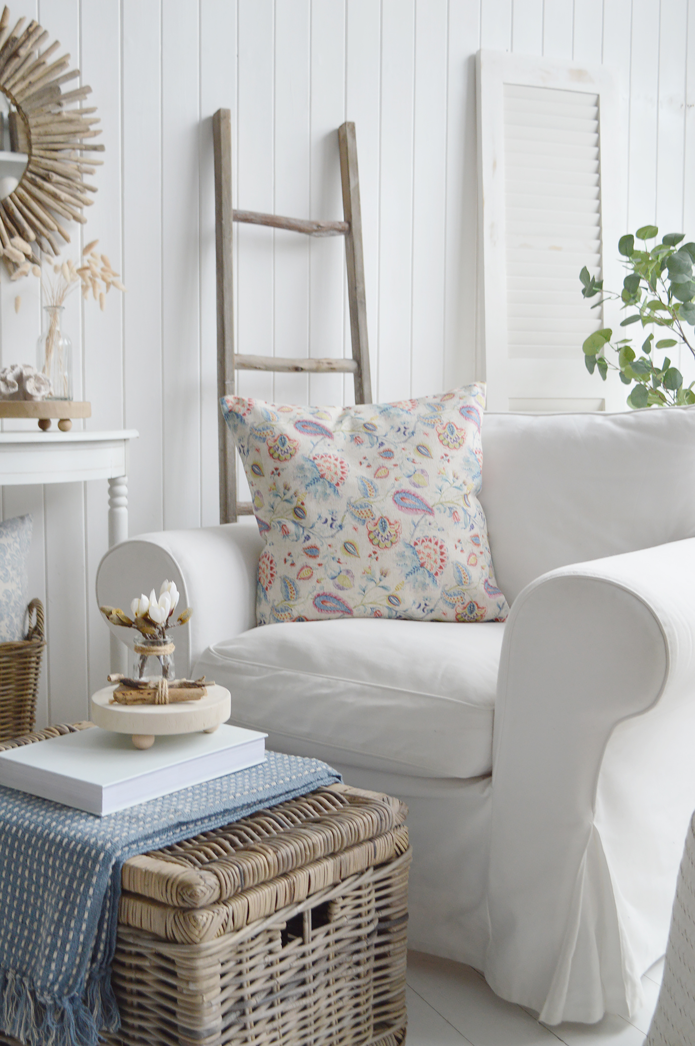 New England Style Country, Coastal and White Furniture and accessories for the home. New England cushions and soft furnishings. Quincy Cushion in pretty vintage colours for modern farmhouse , country and coastal homes and interiors