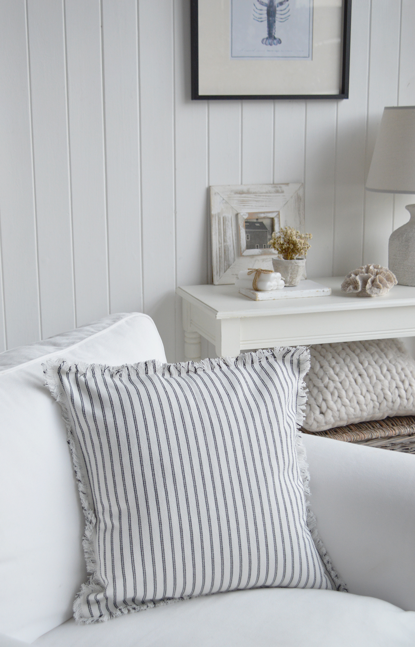 Textured striped cushion cover perfect for coastal interiors.