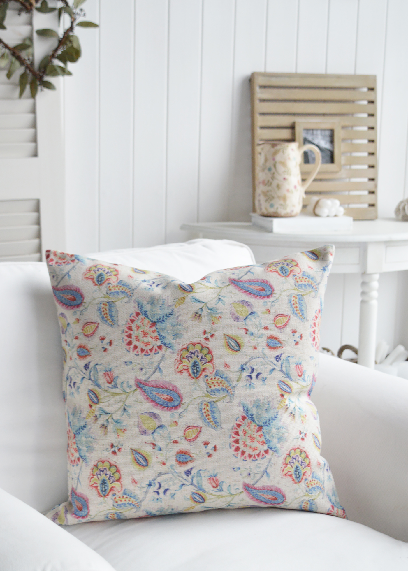 New England Style Country, Coastal and White Furniture and accessories for the home. New England cushions and soft furnishings. Quincy Cushion in pretty vintage colours for modern farmhouse , country and coastal homes and interior