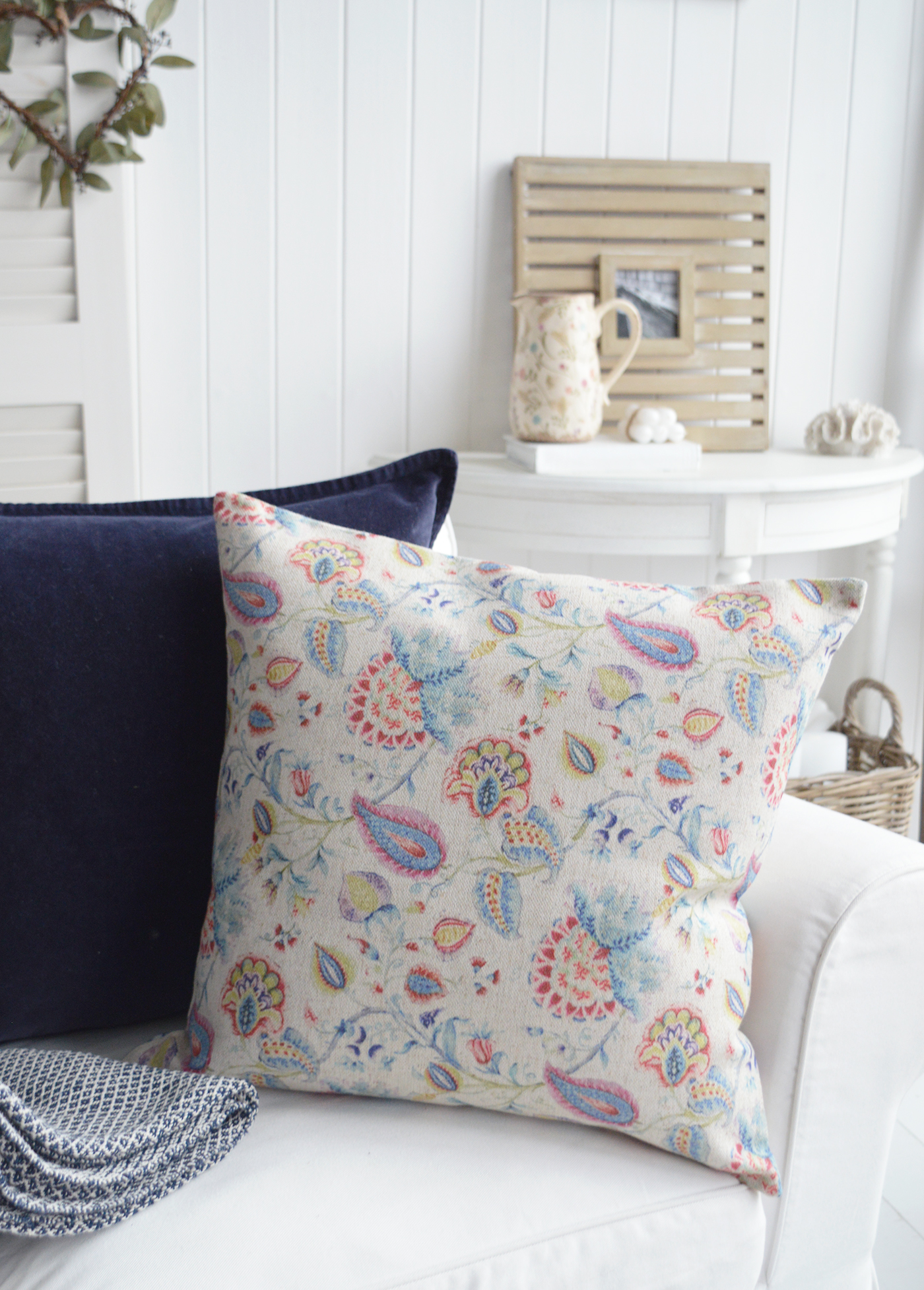 New England Style Country, Coastal and White Furniture and accessories for the home. New England cushions and soft furnishings. Quincy Cushion in pretty vintage colours for modern farmhouse , country and coastal homes and interior