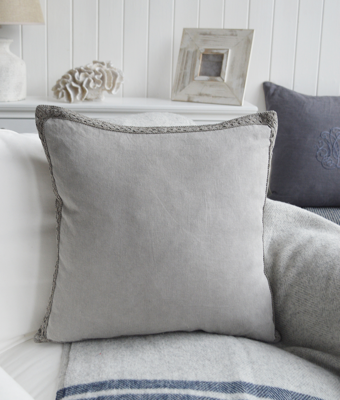 New England Style Country, Coastal and White Furniture and accessories for the home. Richmond grey 100% stonewashed Linen Feather Filled Cushion