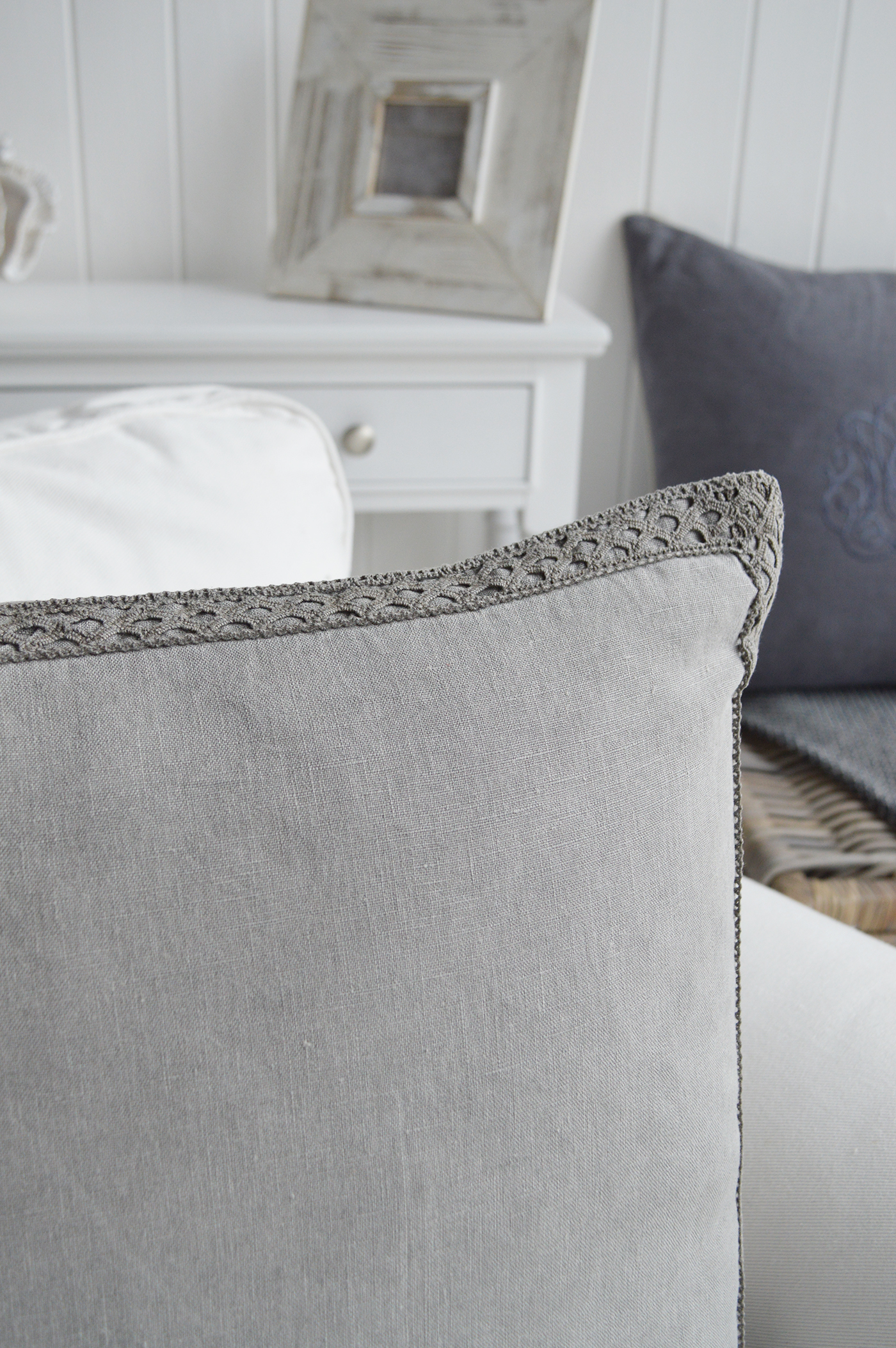 New England Style Country, Coastal and White Furniture and accessories for the home. Richmond grey 100% stonewashed Linen Feather Filled Cushion
