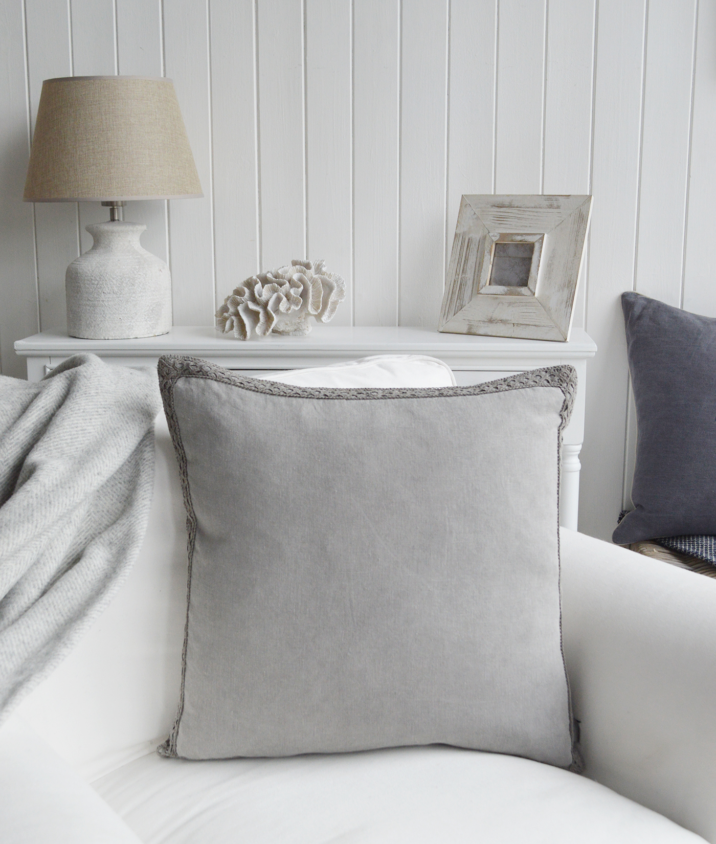 New England Style Country, Coastal and White Furniture and accessories for the home. Richmond grey 100% stonewashed Linen Feather Filled Cushion