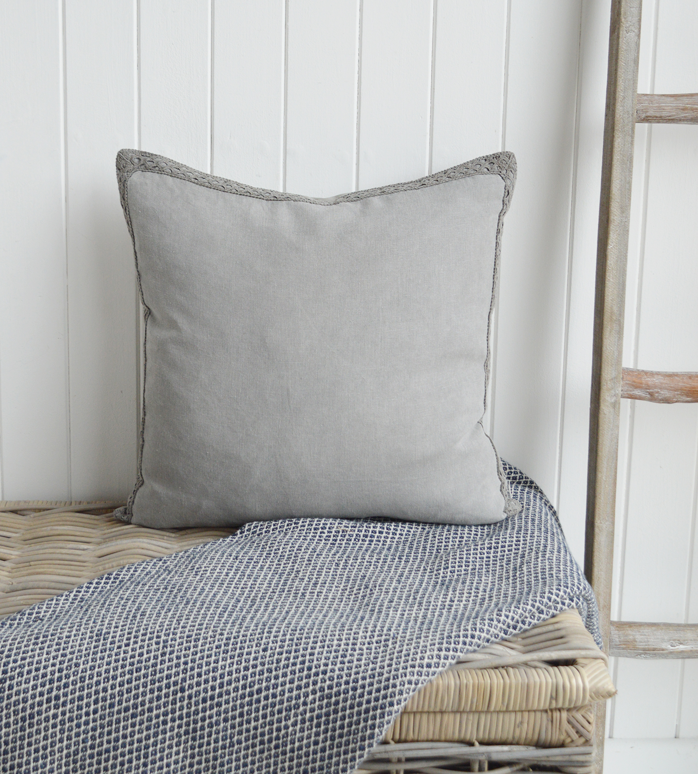 New England Style Country, Coastal and White Furniture and accessories for the home. Richmond grey 100% stonewashed Linen Feather Filled Cushion