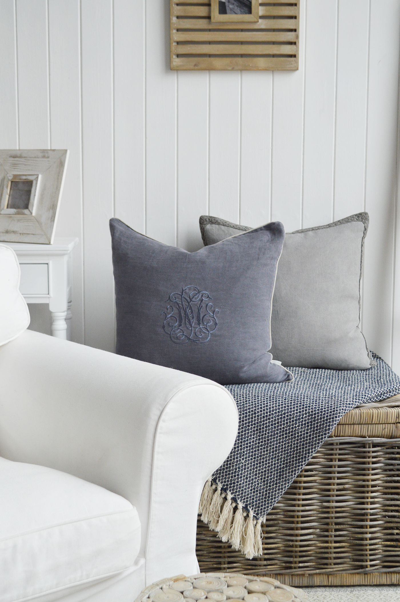 New England Style Country, Coastal and White Furniture and accessories for the home. Richmond grey 100% stonewashed Linen Feather Filled Cushion