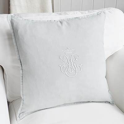 New England Style Country, Coastal and White Furniture and accessories for the home. Richmond 100% stonewashed Linen Feather Filled Cushion. Navy Monogram linen cushions with navy piped border