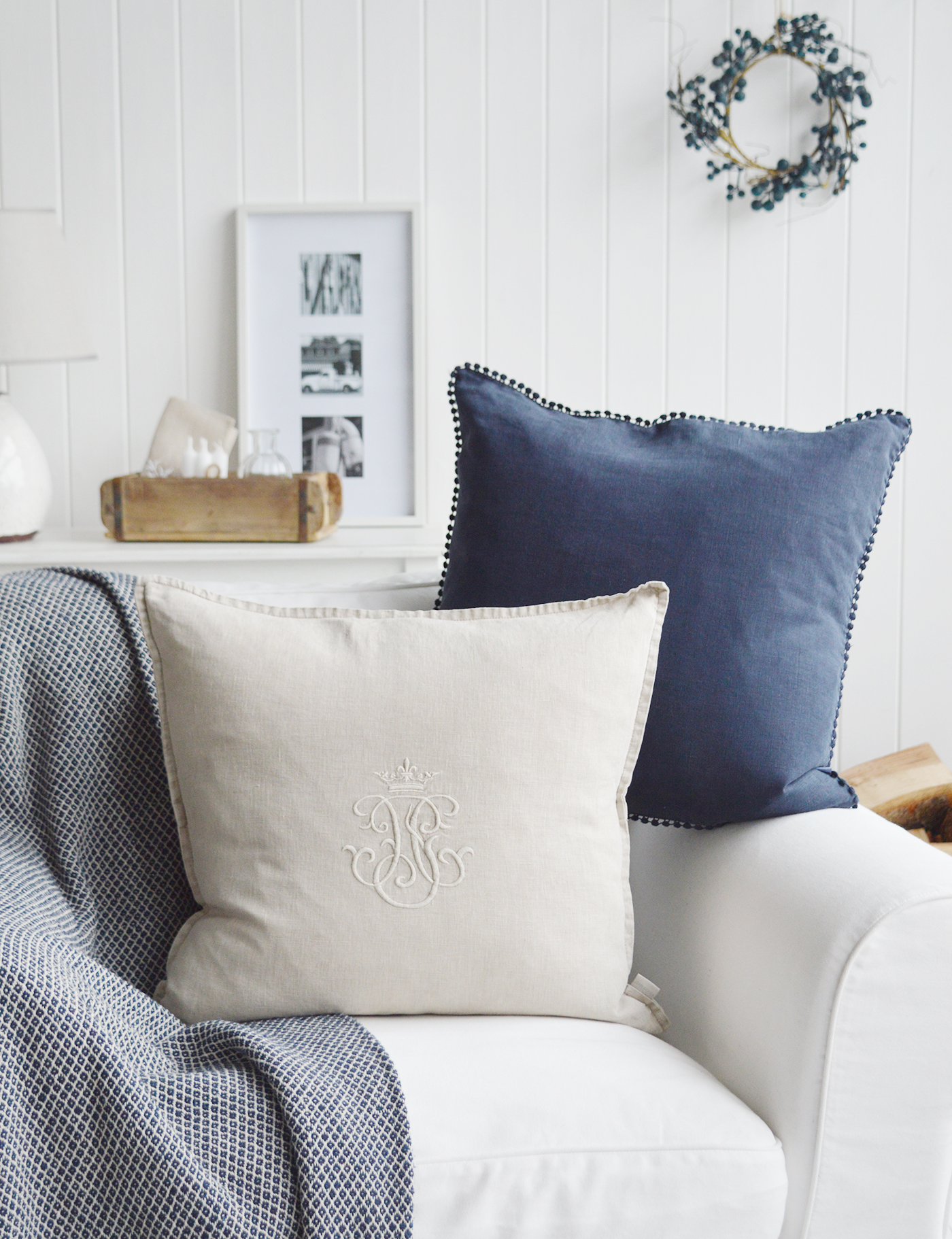 New England Style cushions for modern country, farmhouse and Coastal .  White and coastal furniture for homes and interiors. Richmond 100% stonewashed natural Linen Feather Filled Cushion