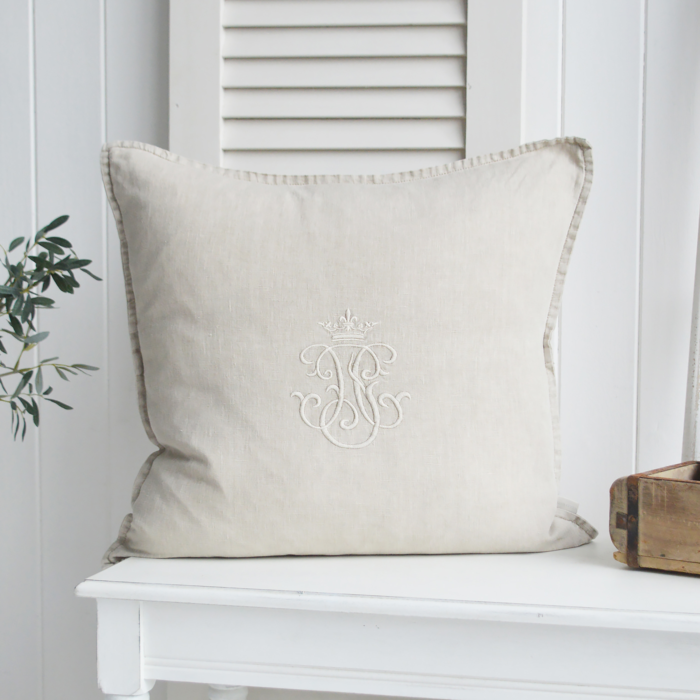 New England Style cushions for modern country, farmhouse and Coastal .  White and coastal furniture for homes and interiors. Richmond 100% stonewashed natural Linen Feather Filled Cushion
