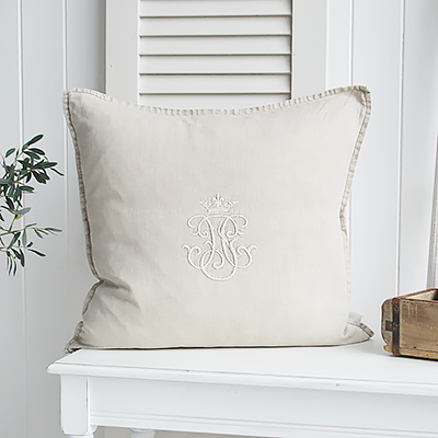 New England Style Country, Coastal and White Furniture and accessories for the home. Richmond 100% stonewashed Linen Feather Filled Cushion. Natural  Monogram linen cushions