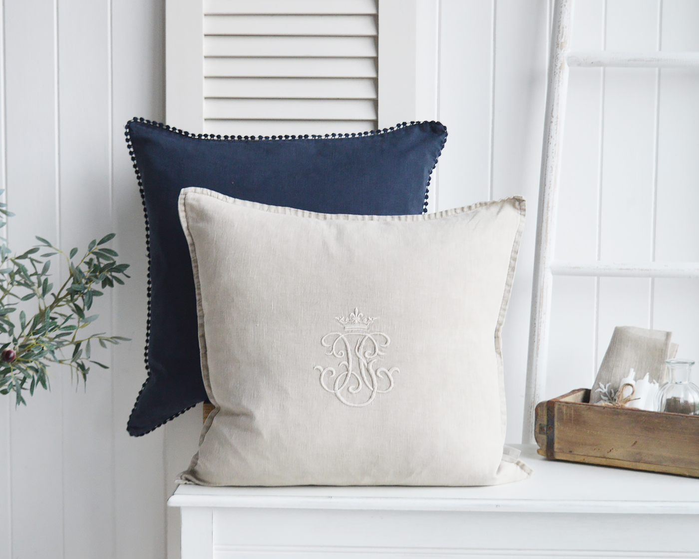 New England Style cushions for modern country, farmhouse and Coastal .  White and coastal furniture for homes and interiors. Richmond 100% stonewashed natural Linen Feather Filled Cushion