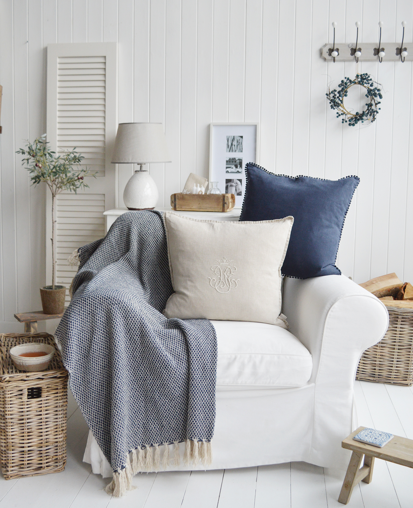 New England Style cushions for modern country, farmhouse and Coastal .  White and coastal furniture for homes and interiors. Richmond 100% stonewashed natural Linen Feather Filled Cushion