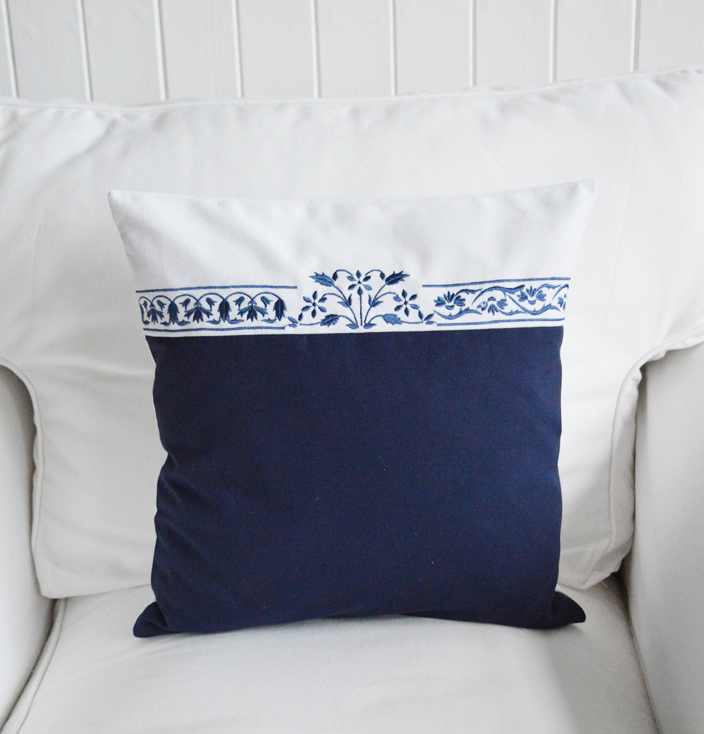 Roxbury Navy and White Cushion Covers. Cushions for New England homes and interiors from The White Lighthouse Furniture