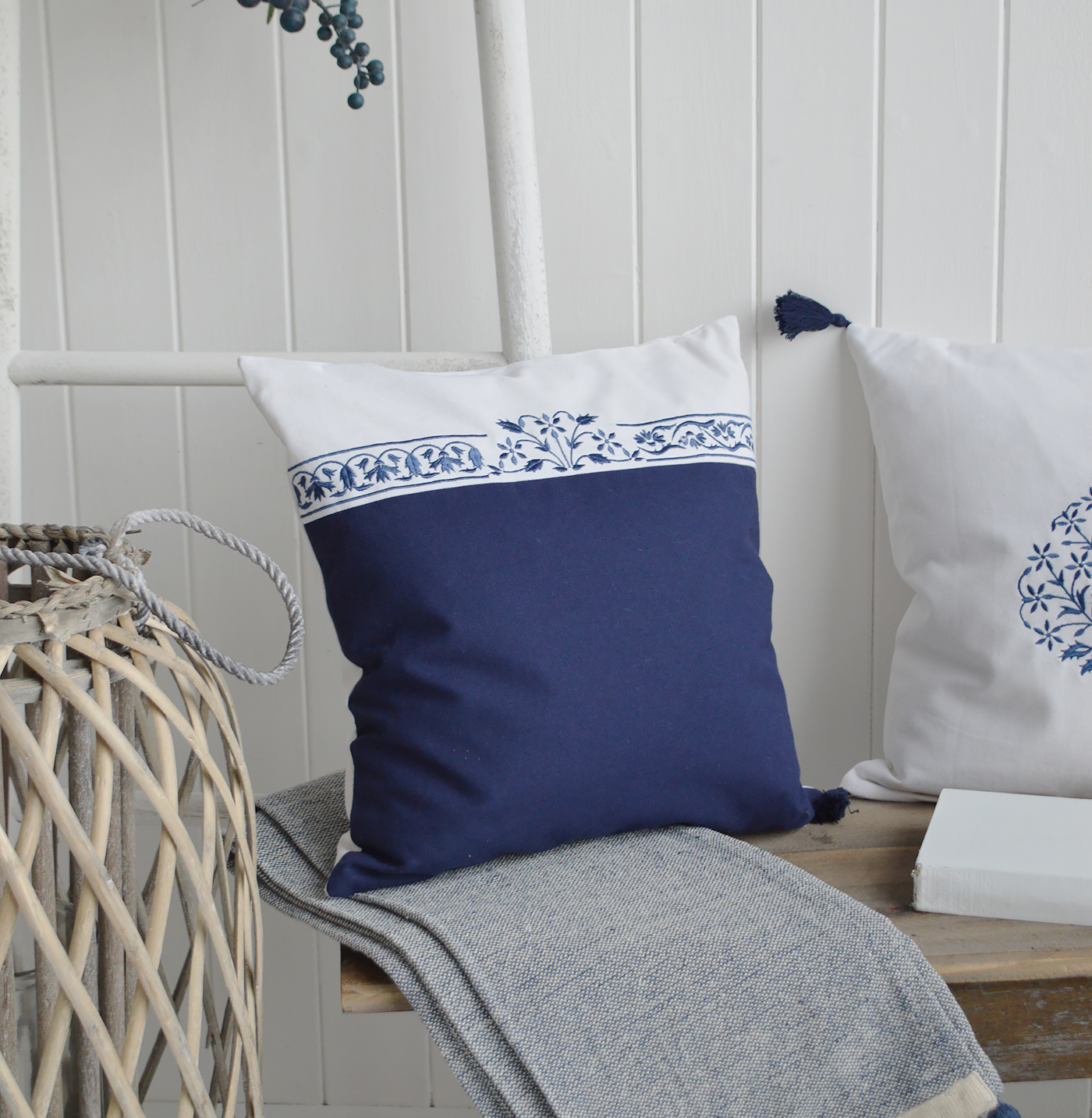 Roxbury Navy and White Cushion Covers. Cushions for New England homes and interiors from The White Lighthouse Furniture