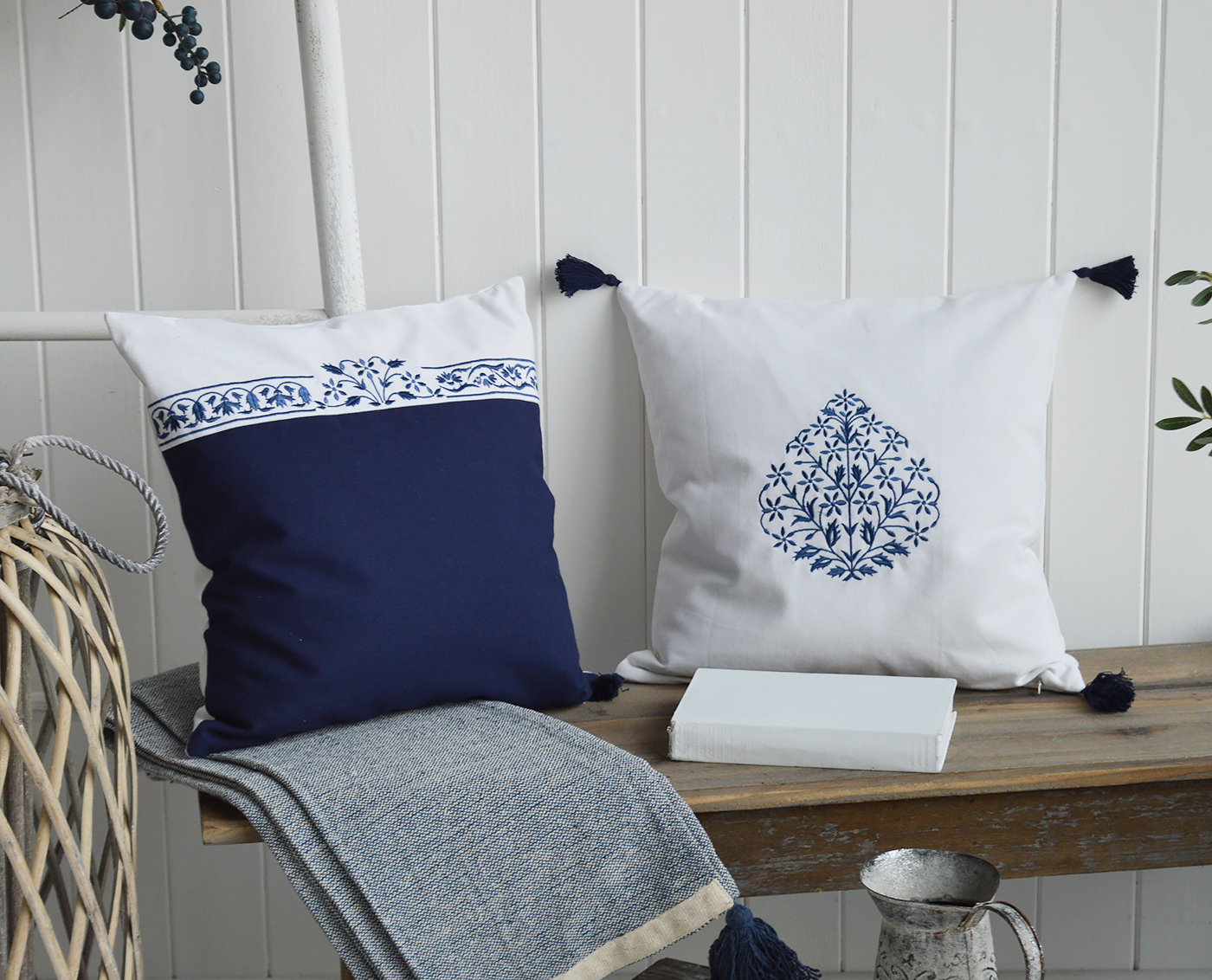 Roxbury Navy and White Cushion Covers. Cushions for New England homes and interiors from The White Lighthouse Furniture
