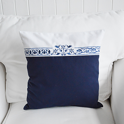 Roxbury Navy and White Cushion Covers. Cushions for New England homes and interiors from The White Lighthouse Furniture