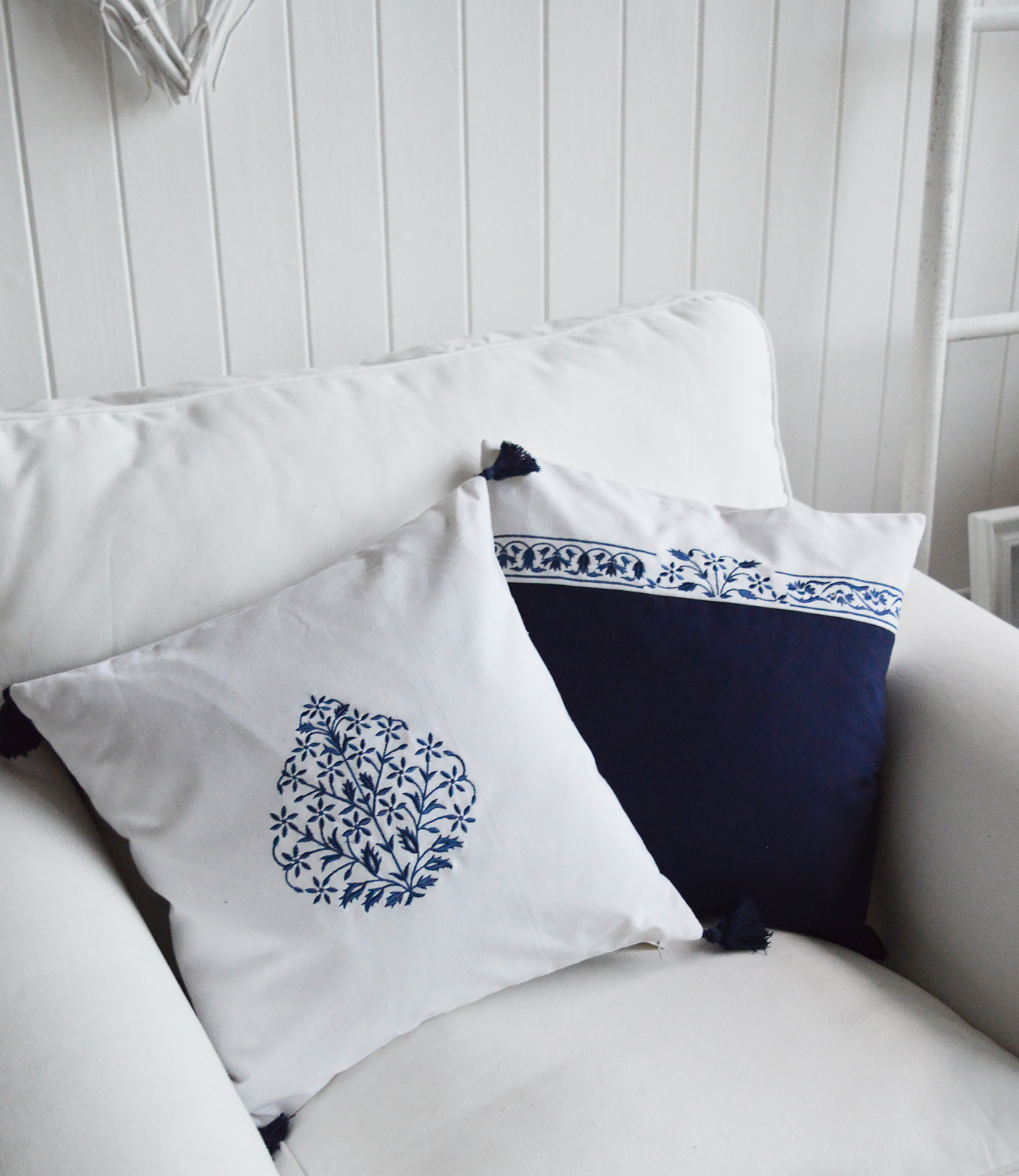 Roxbury Navy and White Cushion Covers. Cushions for New England homes and interiors from The White Lighthouse Furniture