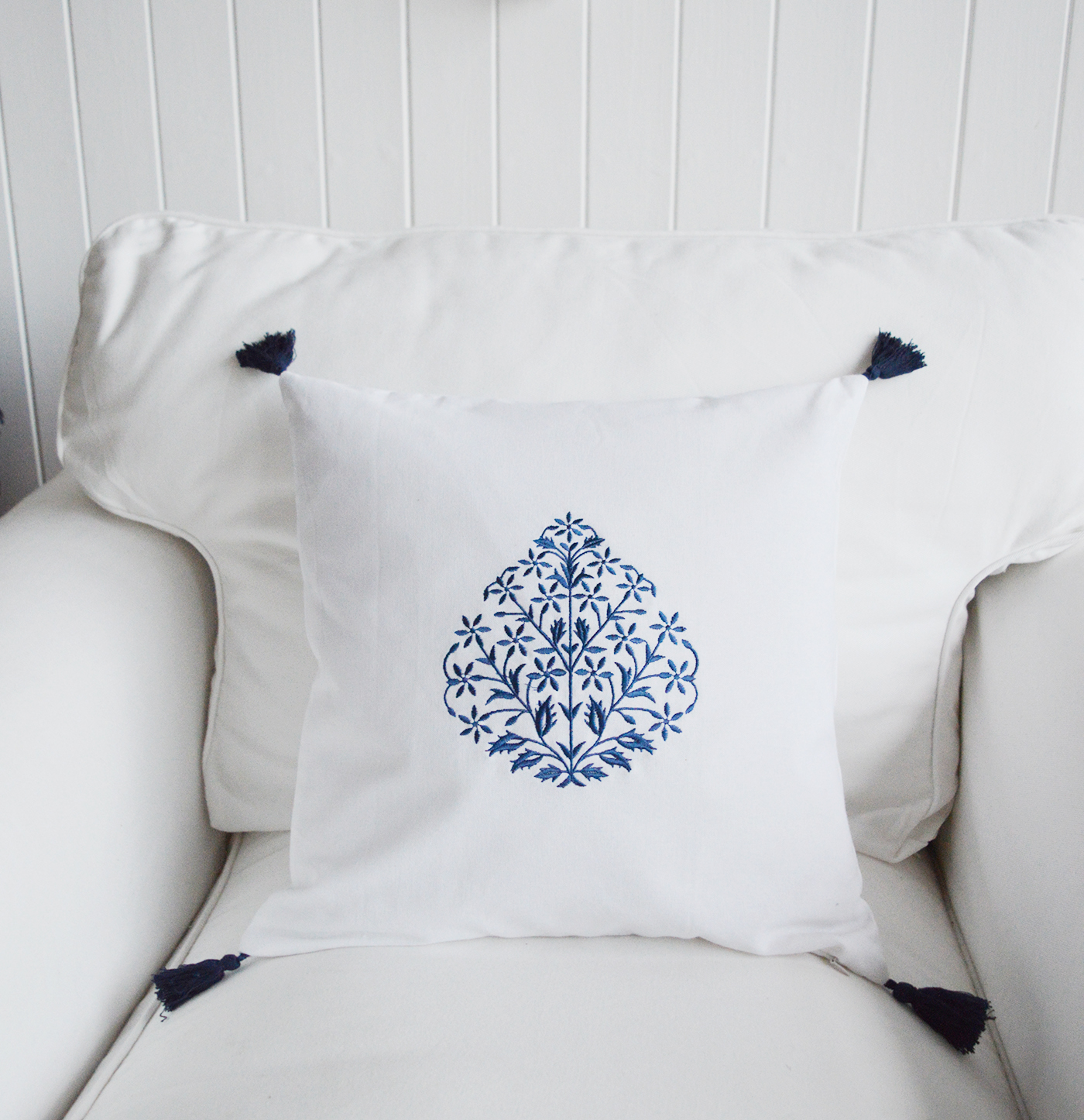 Roxbury Navy and White Cushion Covers. Cushions for New England homes and interiors from The White Lighthouse Furniture