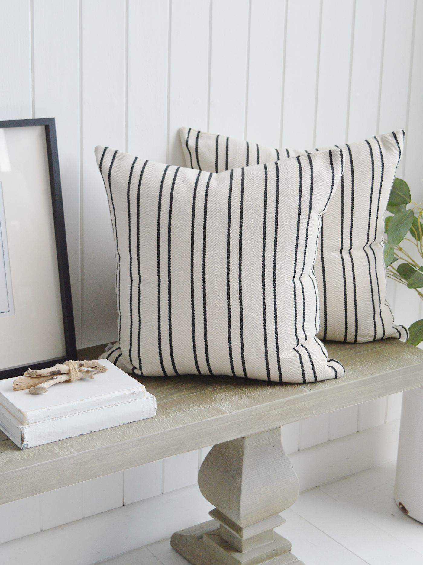 Dark navy herringbone cushion for coastal decor. Beach house navy striped throw pillow