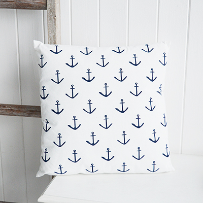 Navy and White anchor cushion with inner for coastal New England homes and interiors by the sea