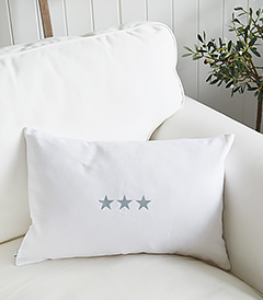 Newhamptons linen cushion in white and grey stars from The White Lighthouse furniture for New England, country and coast home interiors. Hallway, Living room, bedroom and bathroom - triple stars