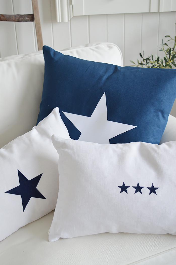 Newhamptons linen cushion in navy stars from The White Lighthouse furniture for New England, country and coast home interiors. Hallway, Living room, bedroom and bathroom