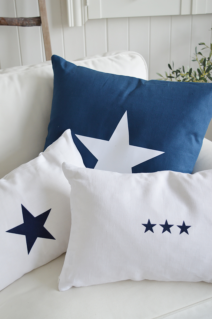 Newhamptons linen cushion in white and navy stars from The White Lighthouse furniture for New England, country and coast home interiors. Hallway, Living room, bedroom and bathroom