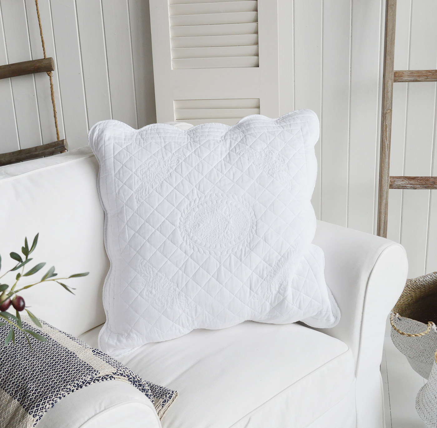 The White Lighthouse. New England style furniture and home interiors for coastal, country and farmhouse interior design - Range of cushions - Pure White Large Cushion Pillow Sham