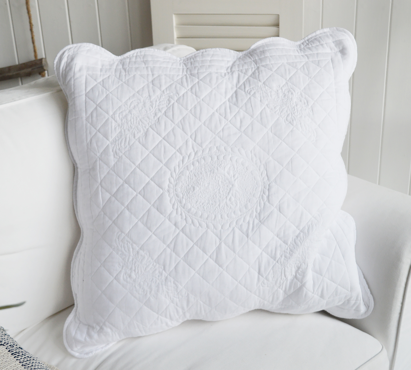 The White Lighthouse. New England style furniture and home interiors for coastal, country and farmhouse interior design - Range of cushions - Pure White Large Cushion Pillow Sham