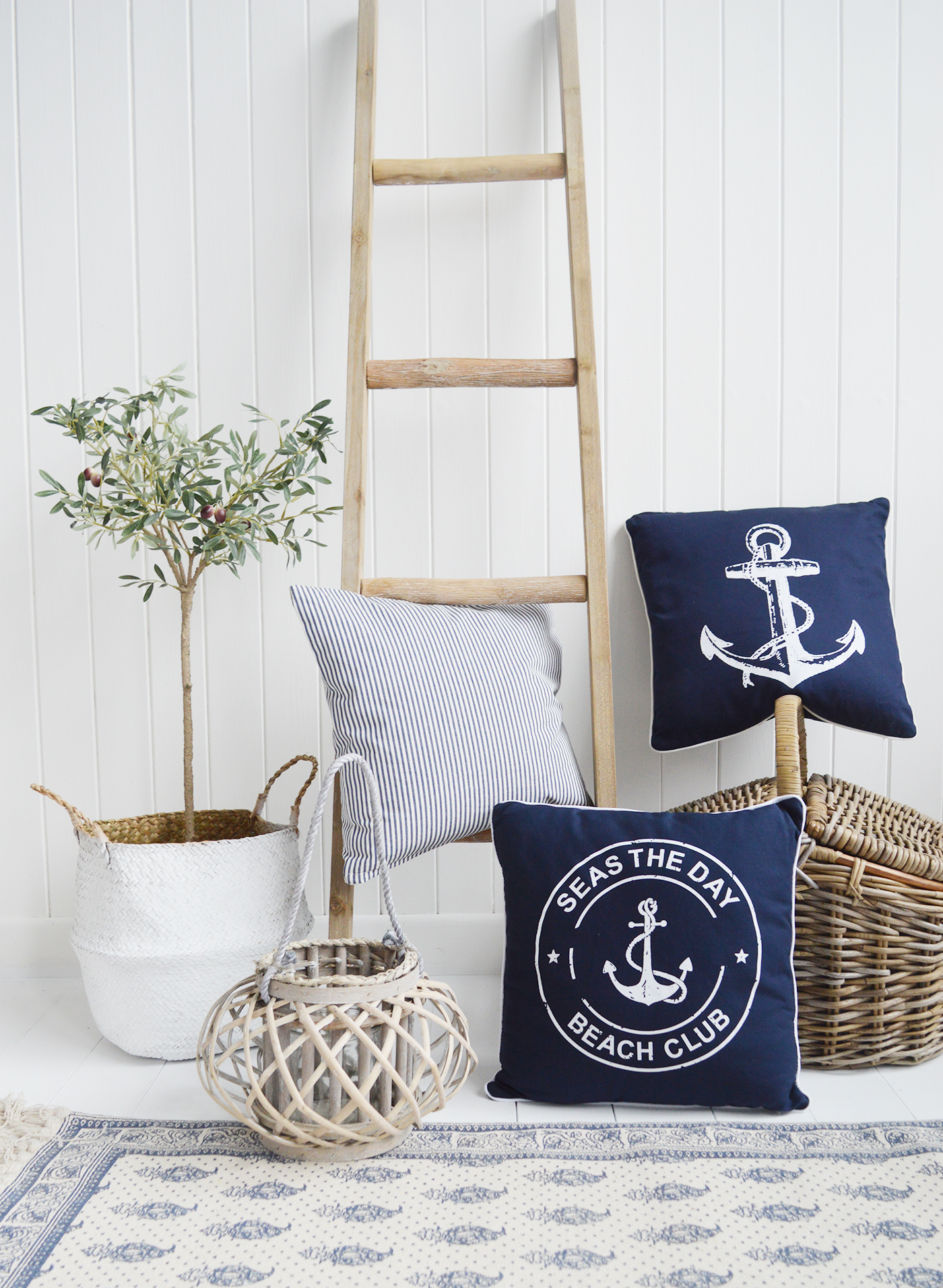 Navy and White Beach Club cushion with inner for coastal New England homes and interiors by the sea