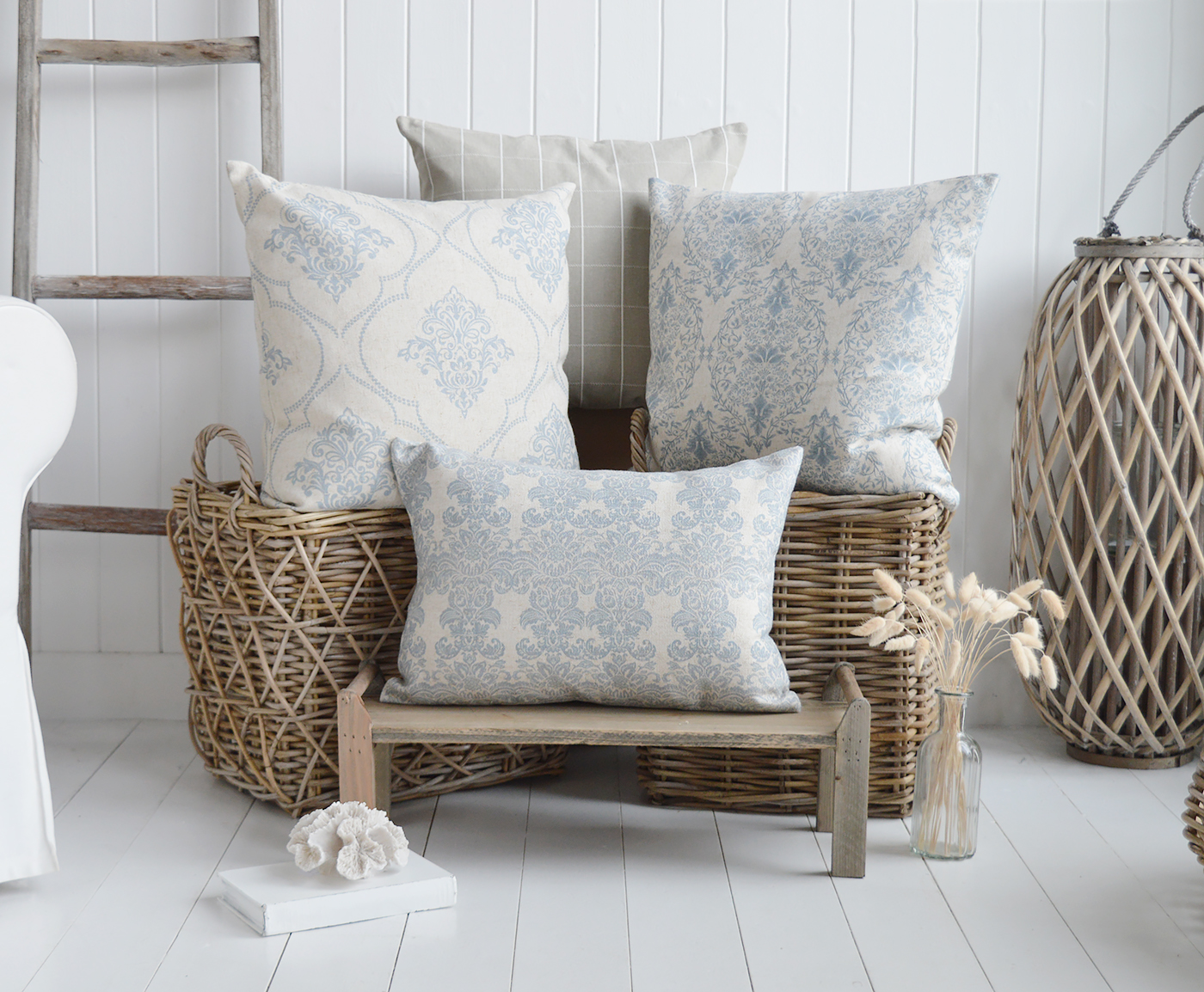 Bristol Ornate soft blue cushions - Luxury New England style cushions. Country, coastal and Modern Farmhouse homes and interiors