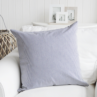 Our Cape Cod striped cushion cover in two colour ways - Navy and white and red and white. Team our Cape Cod stripes with accents of sun bleached colour to channel the spirit of summer by the coast.	  A very versatile design to work in any interiors but is perfect for conjuring up a summer beach feel for New England country and coastal homes