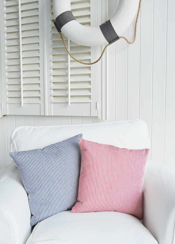 Our Cape Cod striped cushion cover in two colour ways - Navy and white and red and white. Team our Cape Cod stripes with accents of sun bleached colour to channel the spirit of summer by the coast.
	  A very versatile design to work in any interiors but is perfect for conjuring up a summer beach feel for New England country and coastal homes