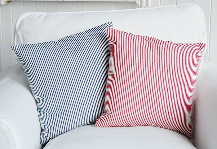 Our Cape Cod striped cushion cover in two colour ways - Navy and white and red and white. Team our Cape Cod stripes with accents of sun bleached colour to channel the spirit of summer by the coast.
	  A very versatile design to work in any interiors but is perfect for conjuring up a summer beach feel for New England country and coastal homes