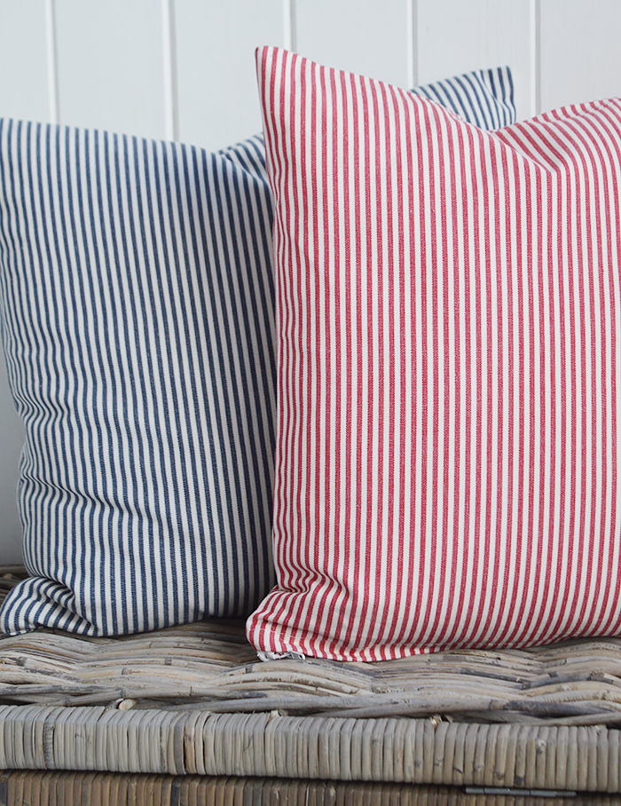 Our Cape Cod striped cushion cover in two colour ways - Navy and white and red and white. Team our Cape Cod stripes with accents of sun bleached colour to channel the spirit of summer by the coast.
	  A very versatile design to work in any interiors but is perfect for conjuring up a summer beach feel for New England country and coastal homes