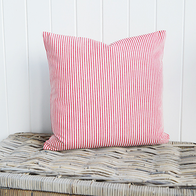 Our Cape Cod striped cushion cover in two colour ways - Navy and white and red and white. Team our Cape Cod stripes with accents of sun bleached colour to channel the spirit of summer by the coast.	  A very versatile design to work in any interiors but is perfect for conjuring up a summer beach feel for New England country and coastal homes