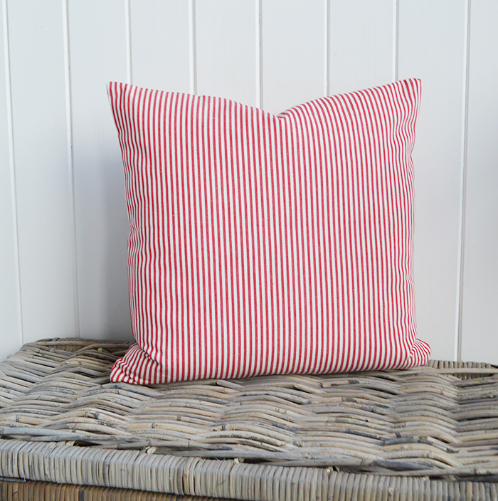 Our Cape Cod striped cushion cover in two colour ways - Navy and white and red and white. Team our Cape Cod stripes with accents of sun bleached colour to channel the spirit of summer by the coast.
	  A very versatile design to work in any interiors but is perfect for conjuring up a summer beach feel for New England country and coastal homes