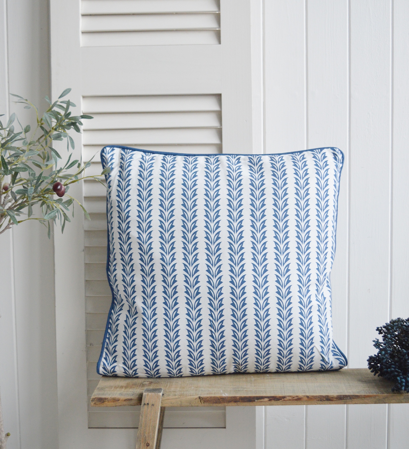 Meredith square blue and white cushion
