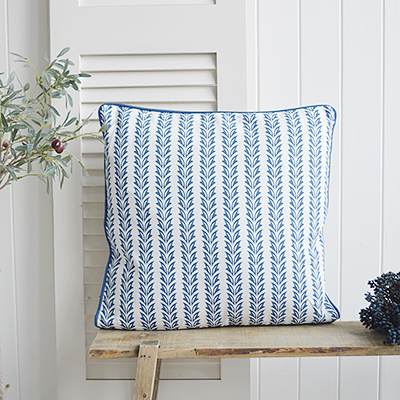 The Meredith square blue and white cushion. New England neutral coastal cushions