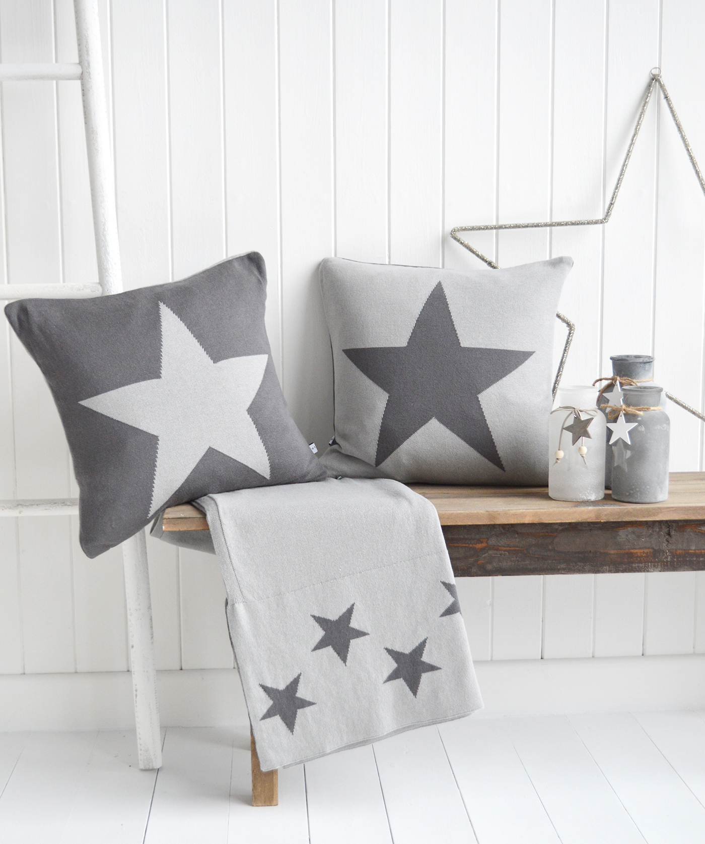 The White Lighthouse Furniture. New England style cushions and throw. Grey and white star filled cushion in square and rectangle for country, coastal and city homes