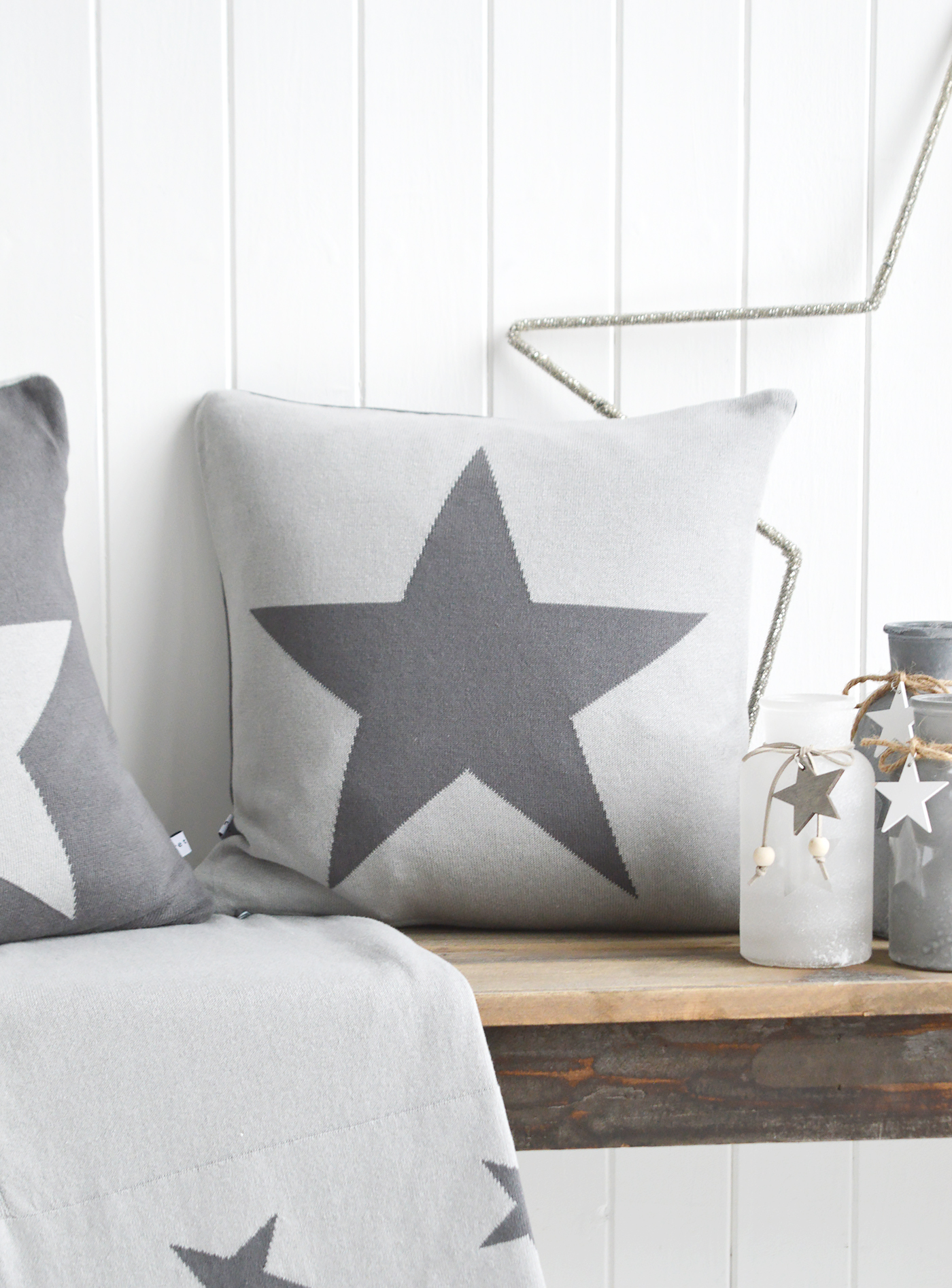 The White Lighthouse Furniture. New England style cushions and throw. Grey and white star filled cushion in square and rectangle for country, coastal and city homes