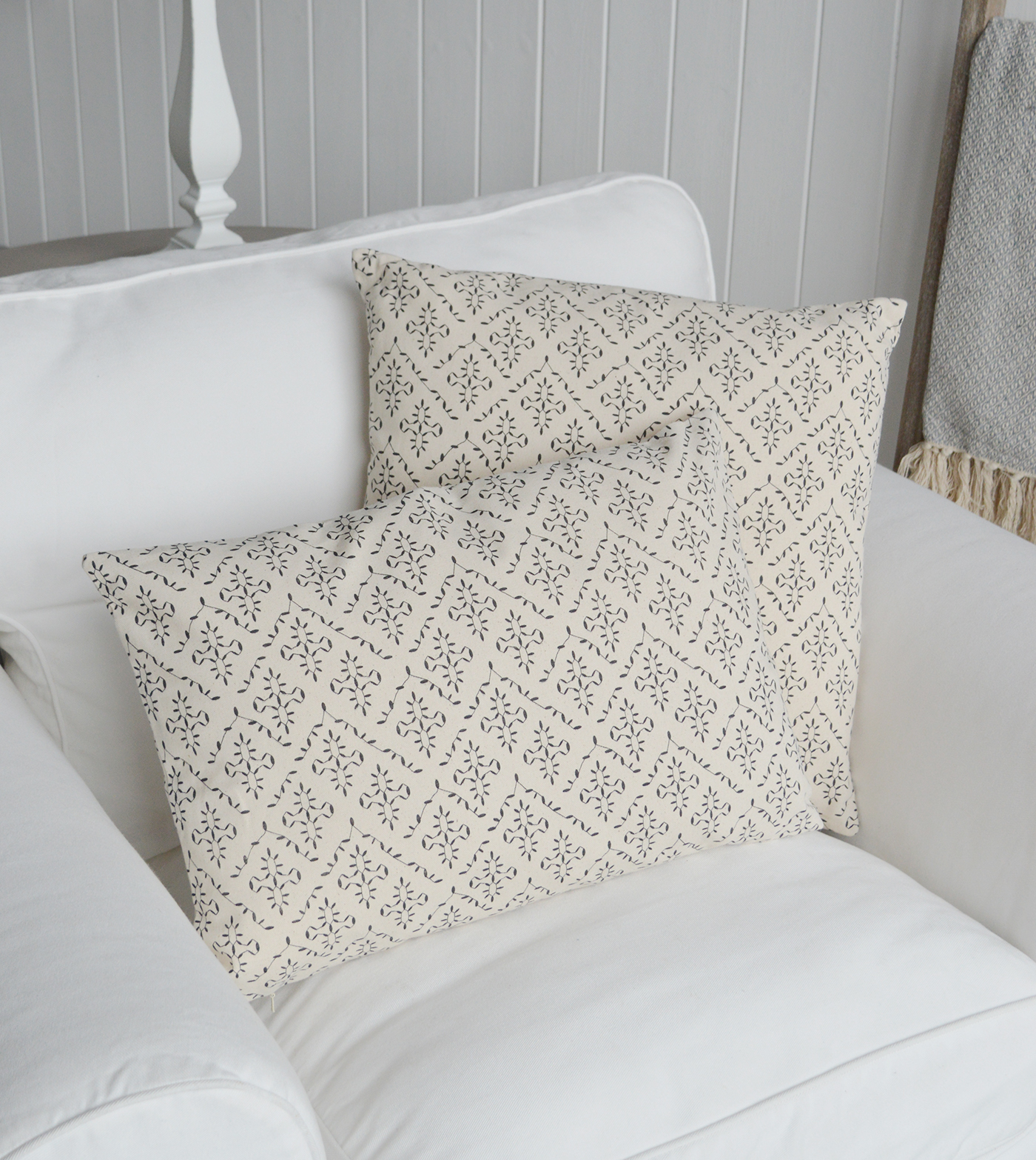 New England Style Country, Coastal and White Furniture and accessories for the home. New England cushions and soft furnishing - Lexington Cushion Cover in linen and navy