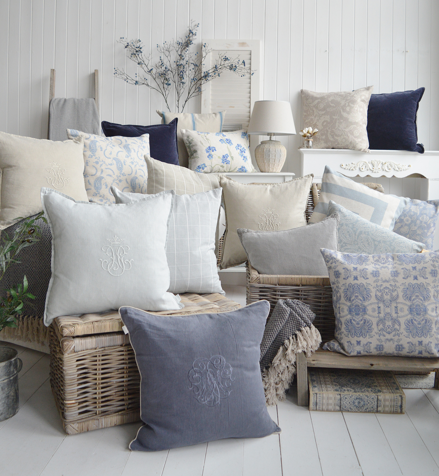New England cushions for modern country, farmhouse and coastal homes and interiors