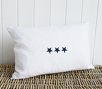 Newhamptons linen cushion in white and navy stars from The White Lighthouse furniture for New England, country and coast home interiors. Hallway, Living room, bedroom and bathroom