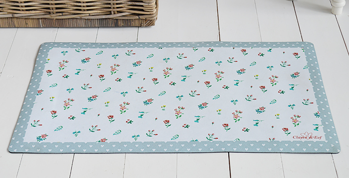 Our Cottage washable door mat in delightful colours decorated with flowers and hearts. Just perfect for our New England styled interiors for coastal, city and country homes in a such a pretty style