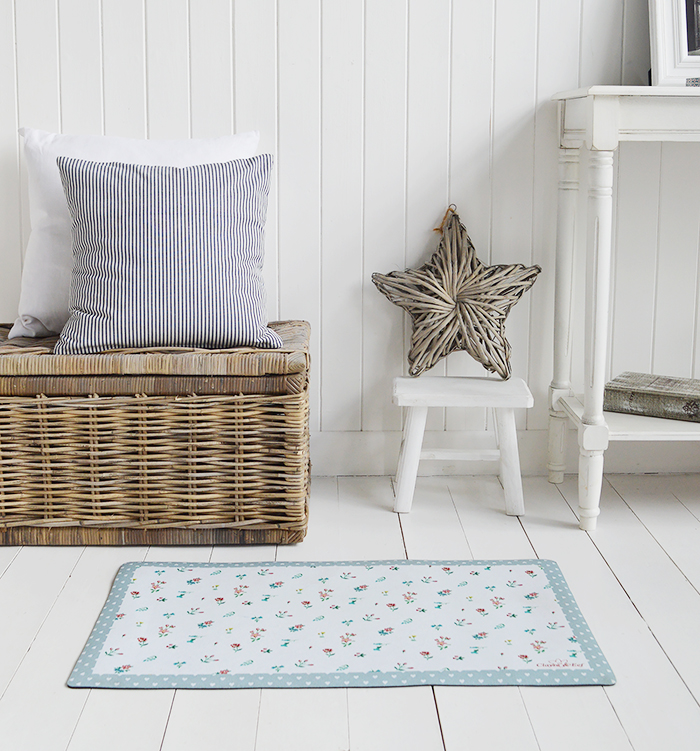 Our Cottage washable door mat in delightful colours decorated with flowers and hearts. Just perfect for our New England styled interiors for coastal, city and country homes in a such a pretty style