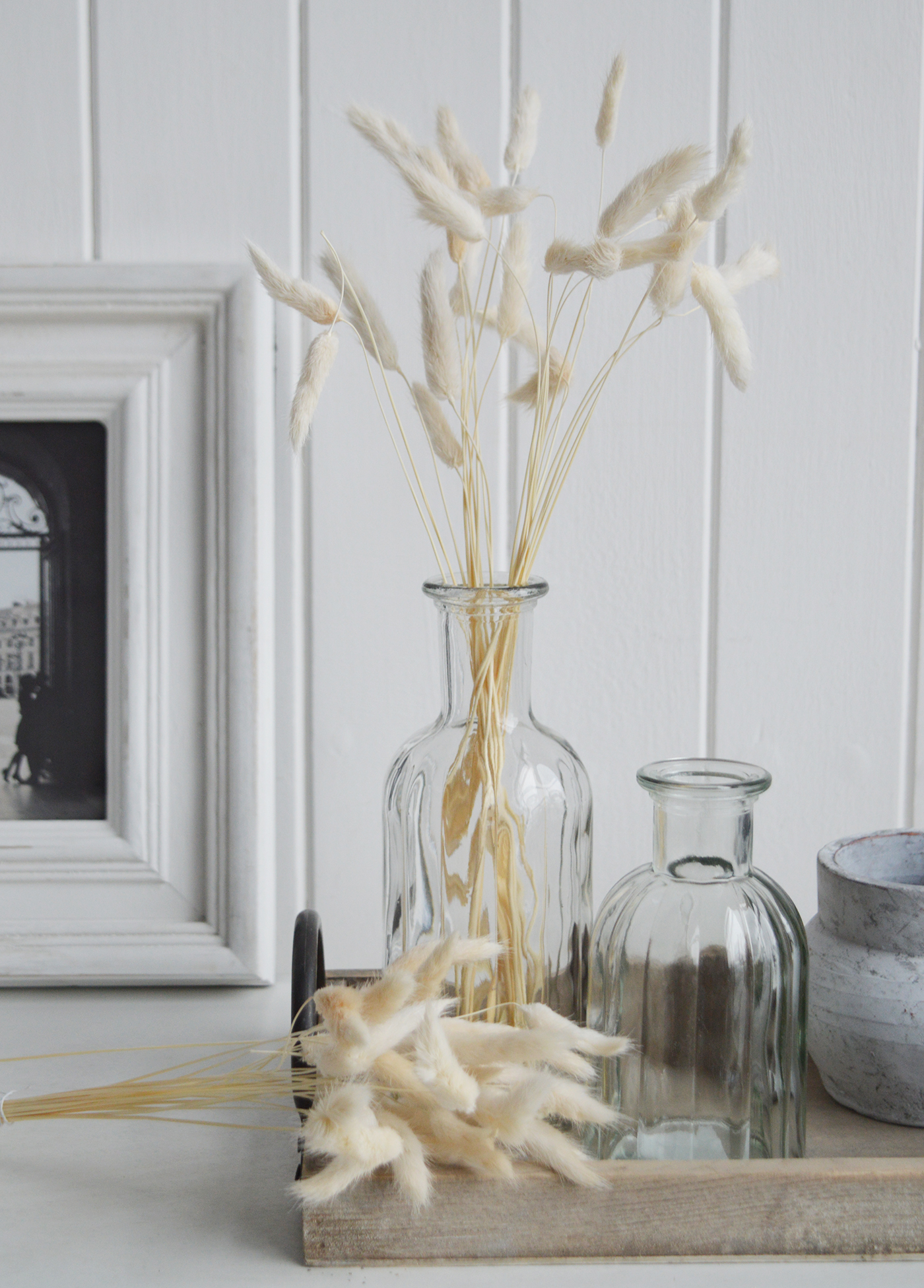 White Furniture and accessories for the home. Dried Lagurus Flowers for New England style homes and interiors in the city, country and by the coast 