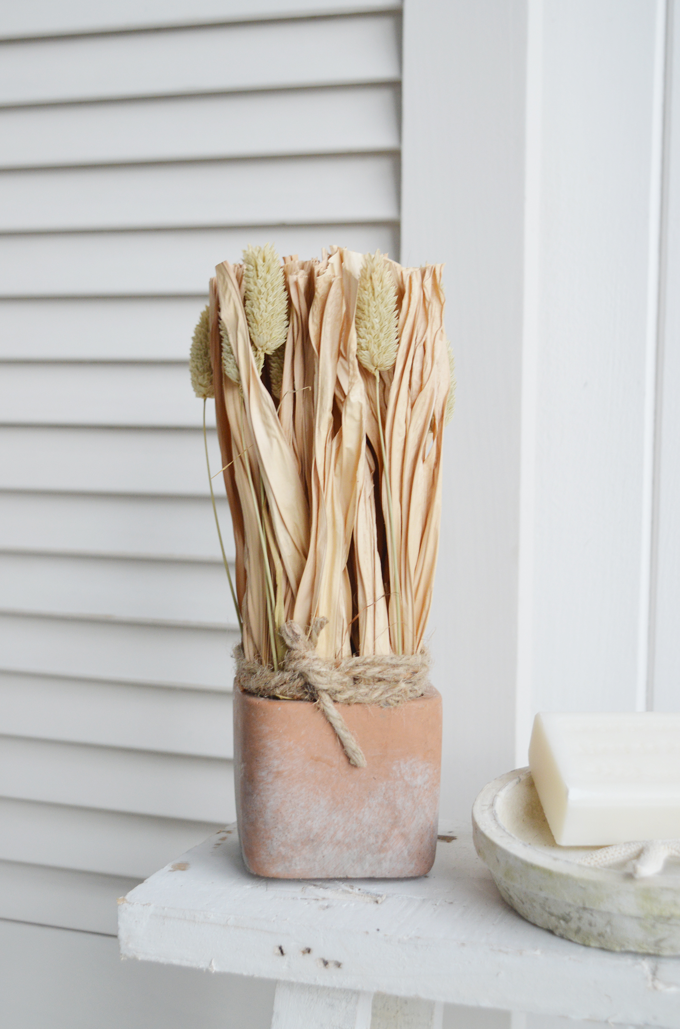 Dried Grass Bouquets in Terracotta Pot for New England style homes and interiors in the city, country and by the coast 